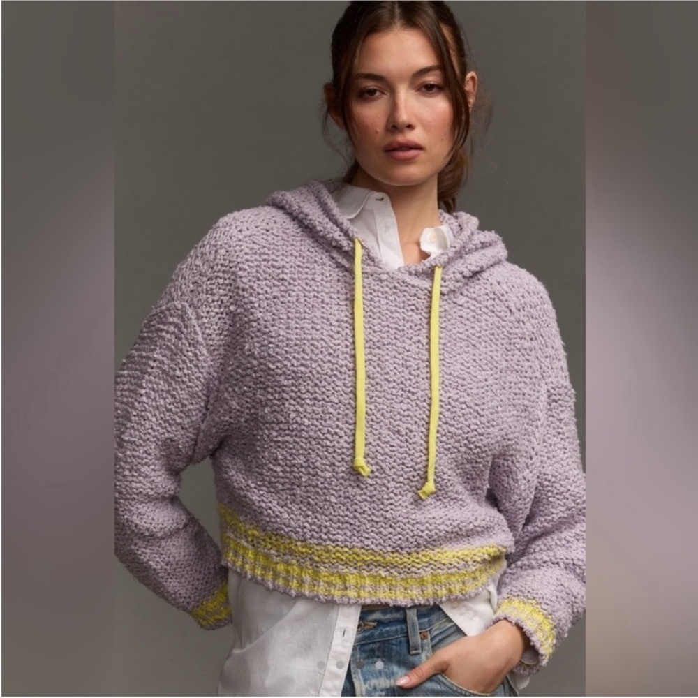 Anthropologie Lavender Knit Hooded Sweatshirt with Yellow Trim